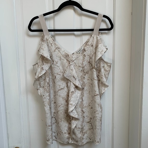 Banana Republic Cream And Tan Floral Printed Tank Top With Ruffles Size XL - Picture 1 of 6